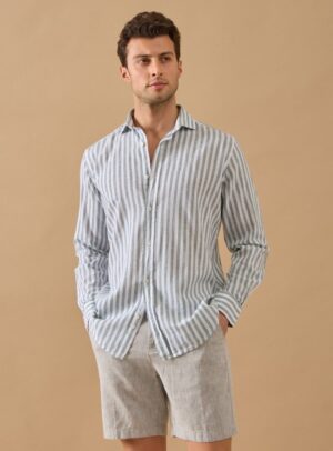Chemise Ajustée En Lin Rayures - Vert