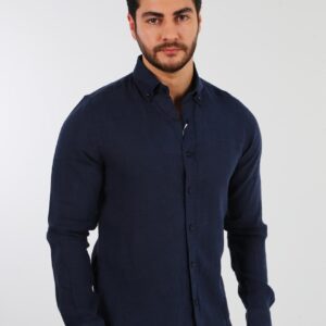 Chemise Ajustée Décontractée En Lin - Bleu Marine