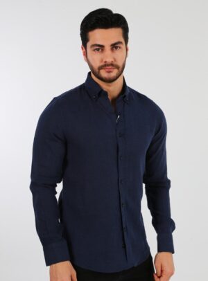 Chemise Ajustée Décontractée En Lin - Bleu Marine