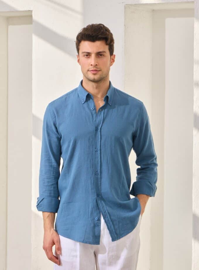 chemise ajustée en lin – indigo