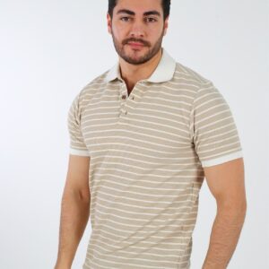Polo Ajusté Col Boutonné À Rayures - Beige