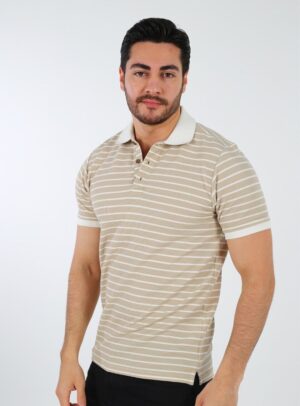 Polo Ajusté Col Boutonné À Rayures - Beige