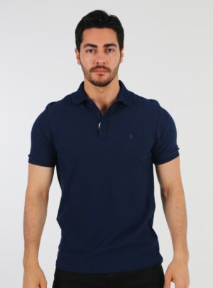Polo Ajusté À Col Zippé Coton - Bleu Marine