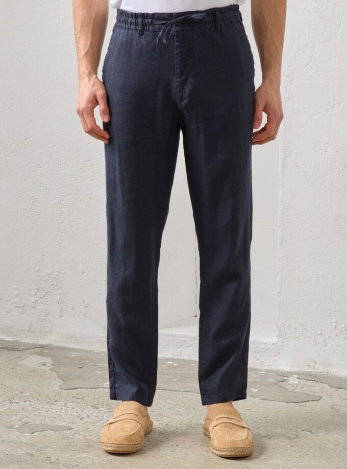 Pantalon Relax En Lin - Bleu Marine