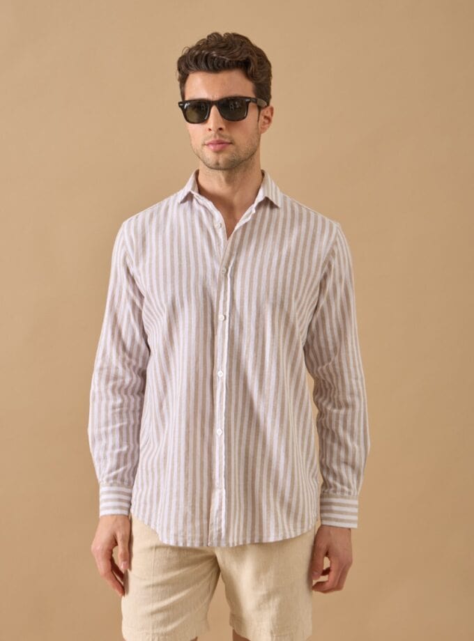 chemise ajustée en lin rayures – beige