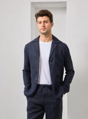 Veste Ajustée En Lin - Bleu Marine