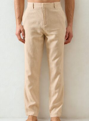 Pantalon Ajusté Moderne En Lin - Biege
