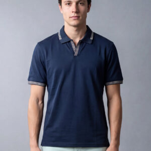 Polo Ajusté À Col Ouvert En Coton - Bleu Marine