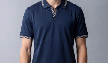 Polo Ajusté À Col Ouvert En Coton – Bleu Marine
