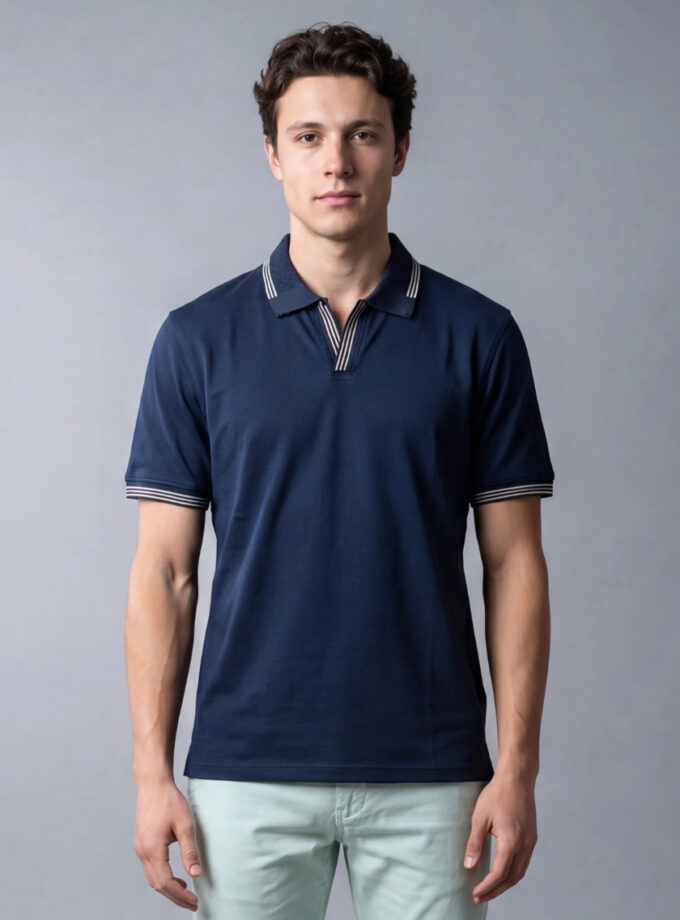 Polo Ajusté À Col Ouvert En Coton - Bleu Marine