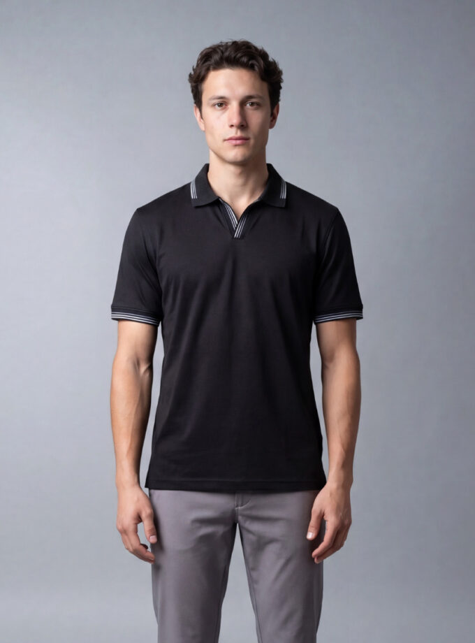 Polo Ajusté À Col Ouvert En Coton - Noir