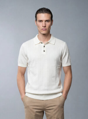 Polo Ajusté à Col Boutonné en Maille Texturé - Ecru