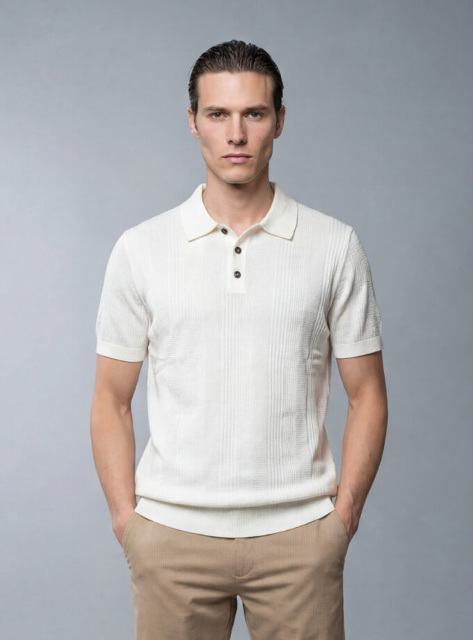 Polo Ajusté à Col Boutonné en Maille Texturé - Ecru