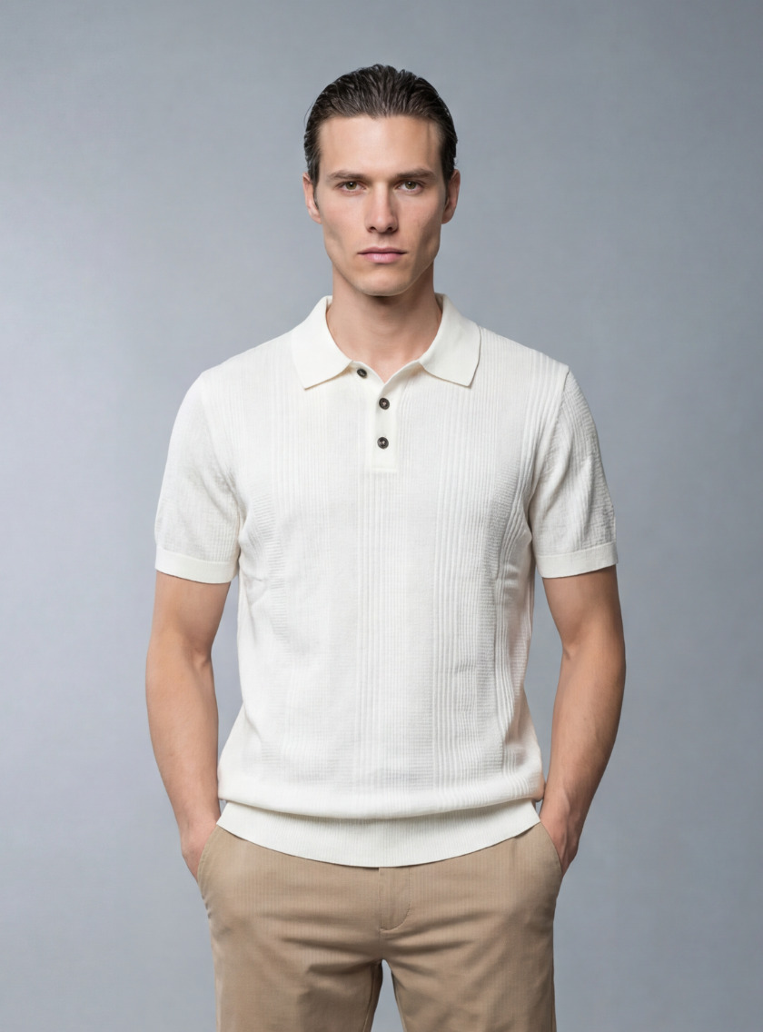 Polo Ajusté à Col Boutonné en Maille Texturé - Ecru