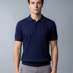 Polo Ajusté à Motif Texturé en Maille - Bleu Marine
