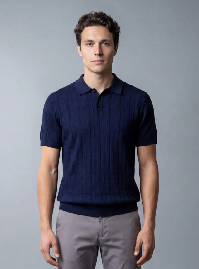 Polo Ajusté à Motif Texturé en Maille - Bleu Marine