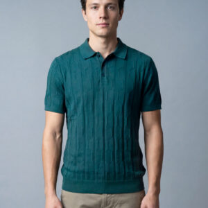 Polo Ajusté à Motif Texturé en Maille - Vert Petrole