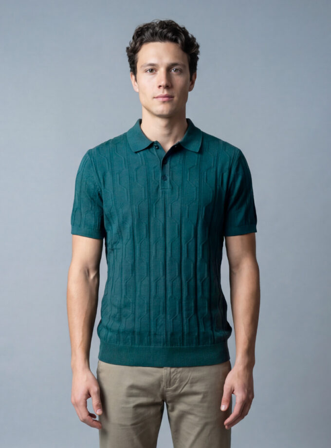Polo Ajusté à Motif Texturé en Maille - Vert Petrole