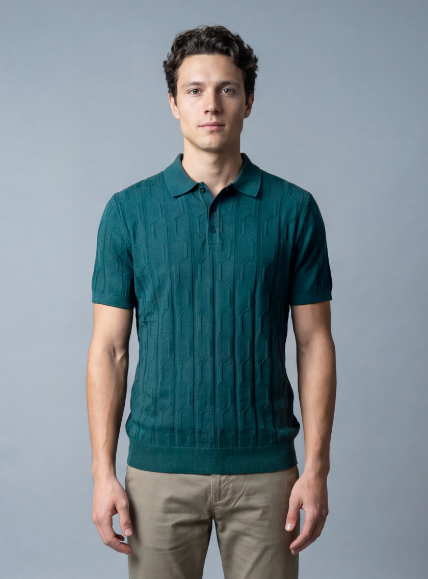 Polo Ajusté à Motif Texturé en Maille - Vert Petrole