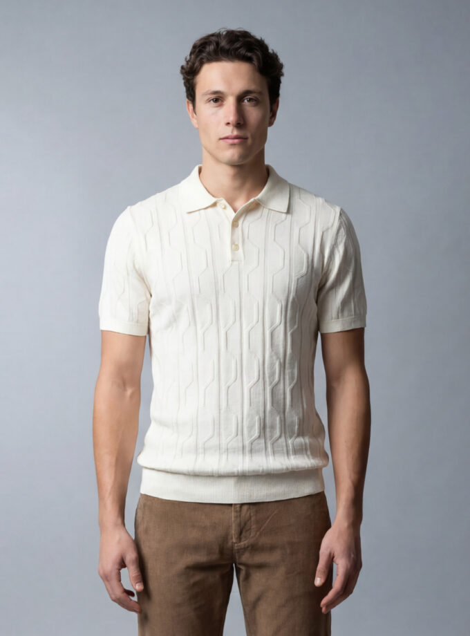 Polo Ajusté à Motif Texturé en Maille - Ecru