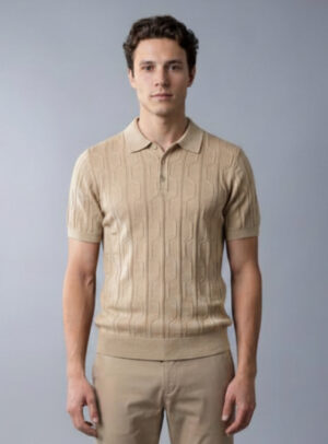 Polo Ajusté à Motif Texturé en Maille - Beige