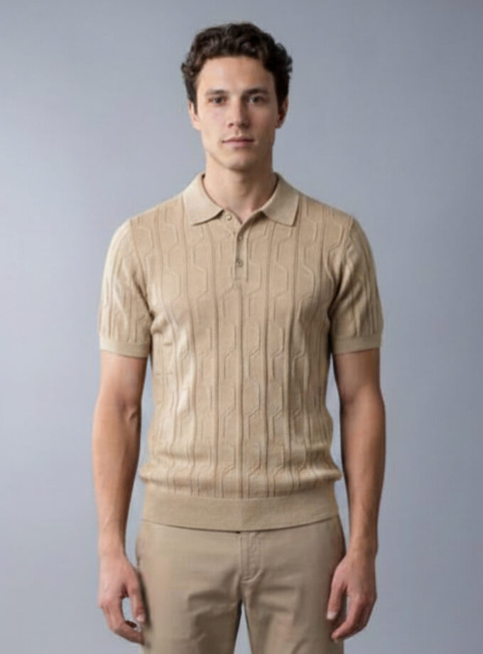 Polo Ajusté à Motif Texturé en Maille - Beige