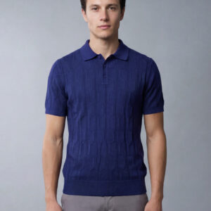 Polo Ajusté à Motif Texturé en Maille - Bleu Royal