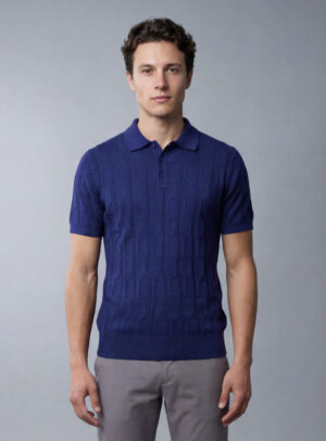 Polo Ajusté à Motif Texturé en Maille - Bleu Royal