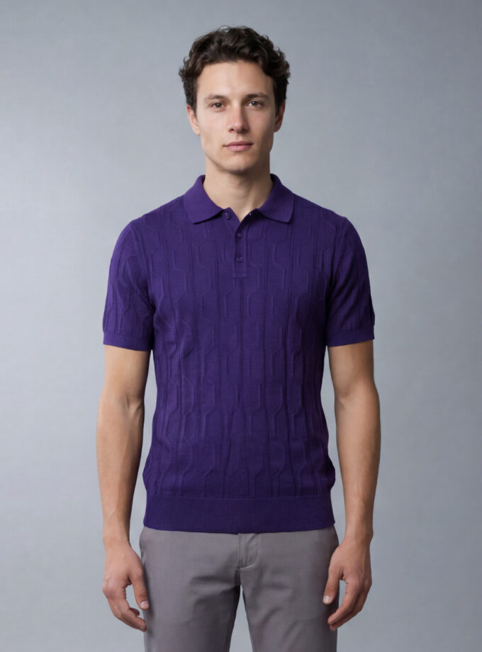 Polo Ajusté à Motif Texturé en Maille - Bleu Royal