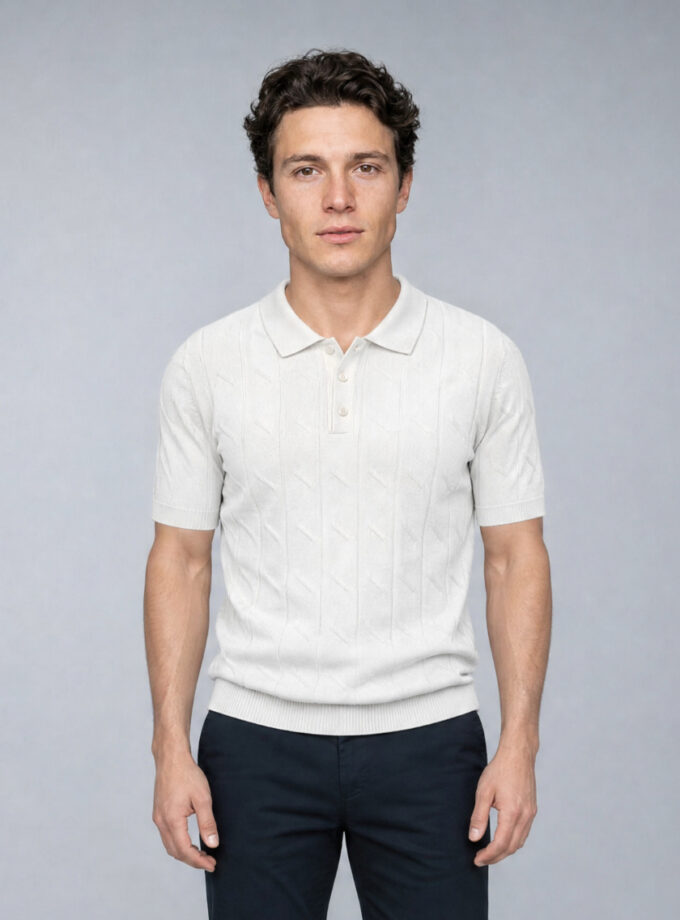 Polo Ajusté Col Boutonné Texturé en Maille - Blanc
