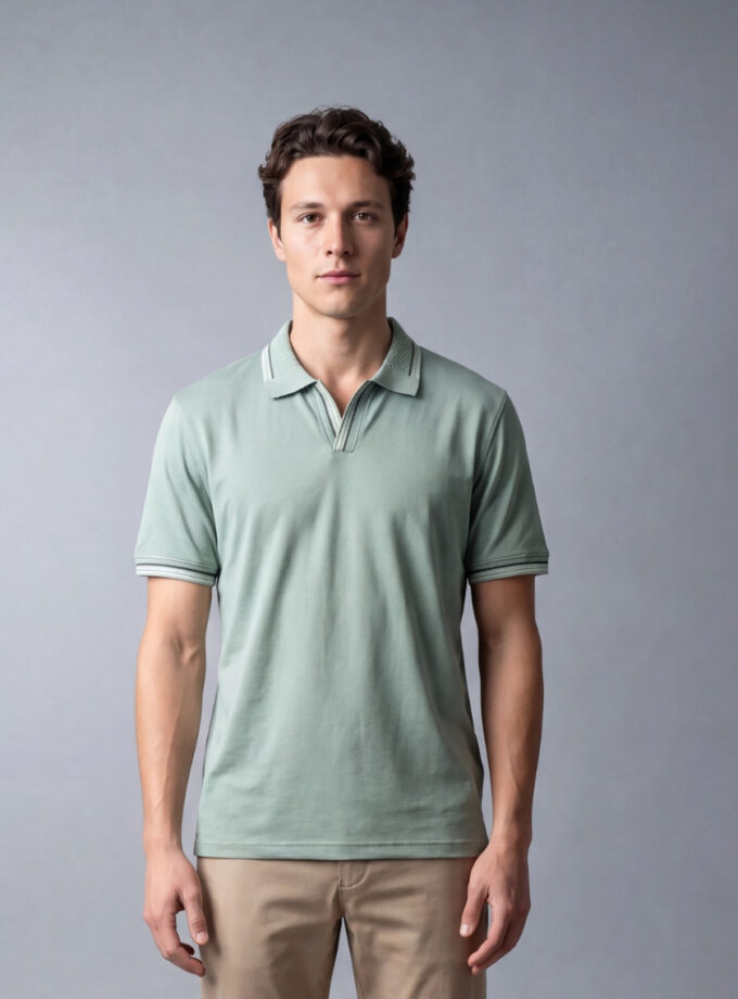 Polo Ajusté À Col Ouvert En Coton - Vert Clair