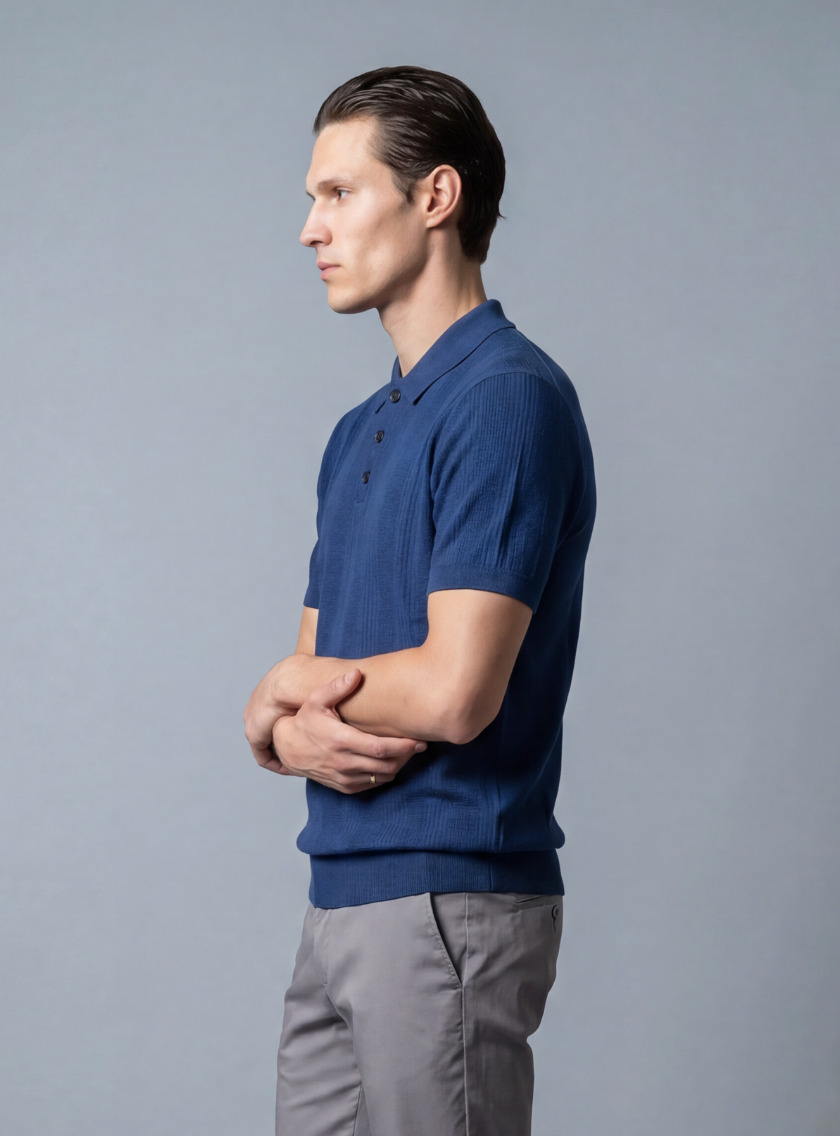 Polo Ajusté à Col Boutonné en Maille Texturé - Bleu – Image 4