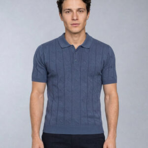Polo Ajusté Col Boutonné Texturé En Maille - Indigo