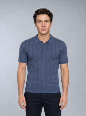 Polo Ajusté Col Boutonné Texturé En Maille - Indigo