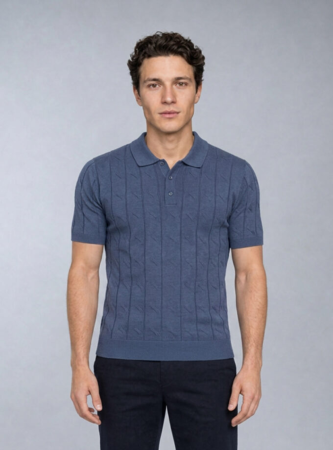 Polo Ajusté Col Boutonné Texturé En Maille - Indigo