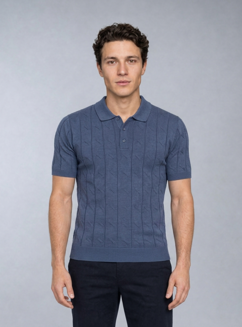 Polo Ajusté Col Boutonné Texturé En Maille - Indigo