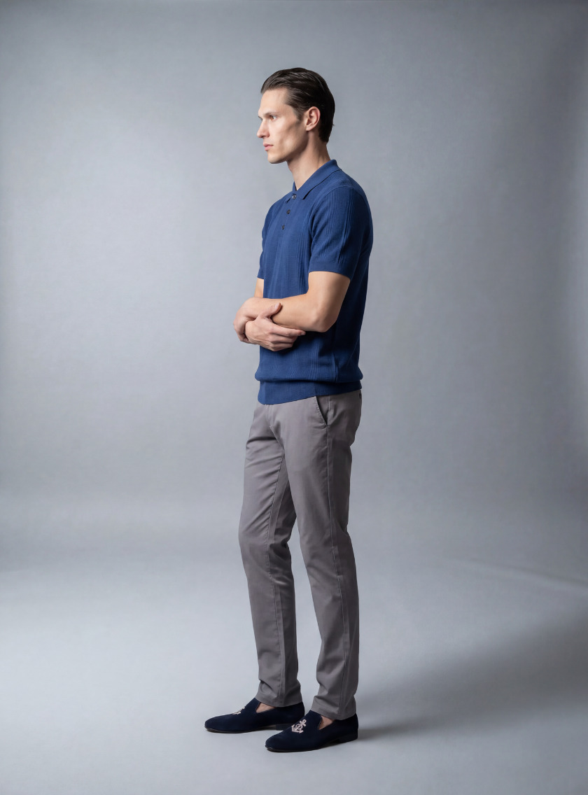 Polo Ajusté à Col Boutonné en Maille Texturé - Bleu – Image 5
