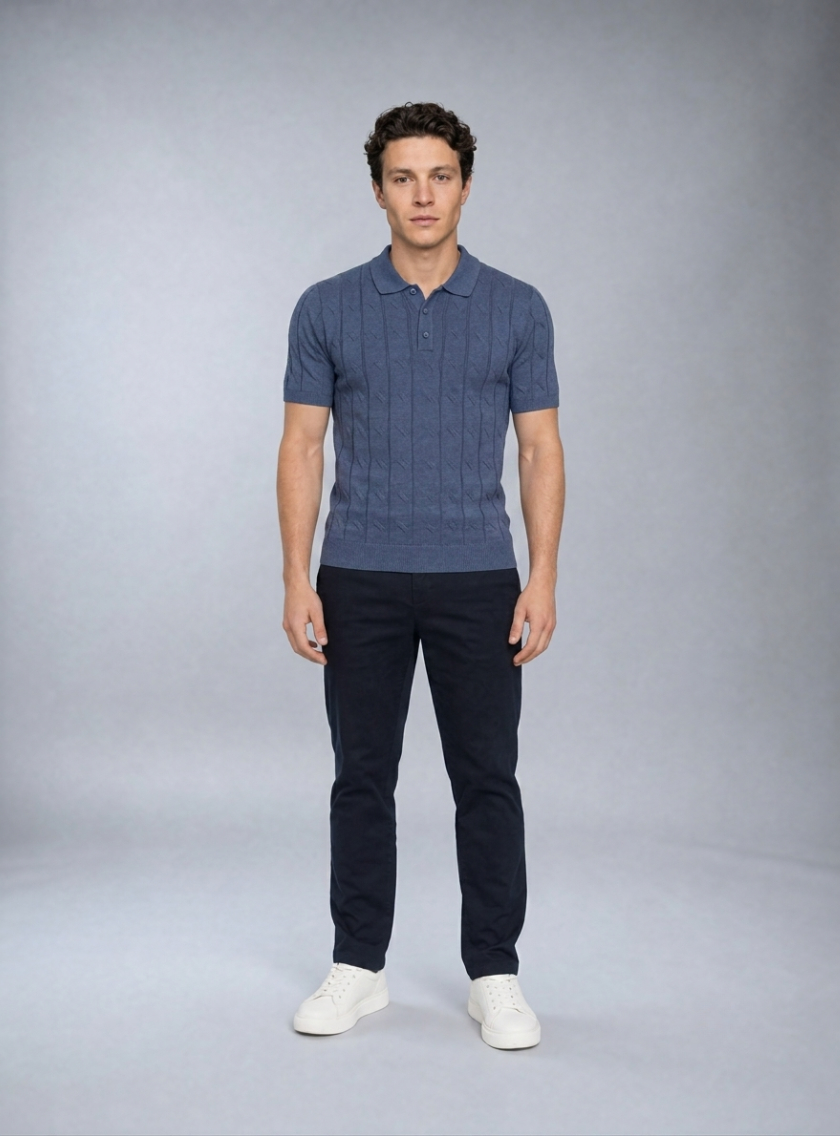 Polo Ajusté Col Boutonné Texturé En Maille - Indigo – Image 3
