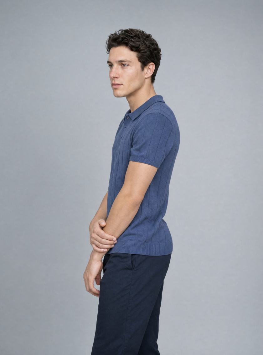Polo Ajusté Col Boutonné Texturé En Maille - Indigo – Image 2