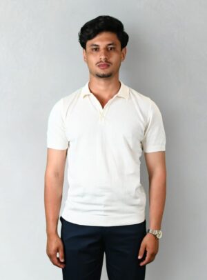 Polo Ajusté Col Boutonné En Maille Uni - Ecru