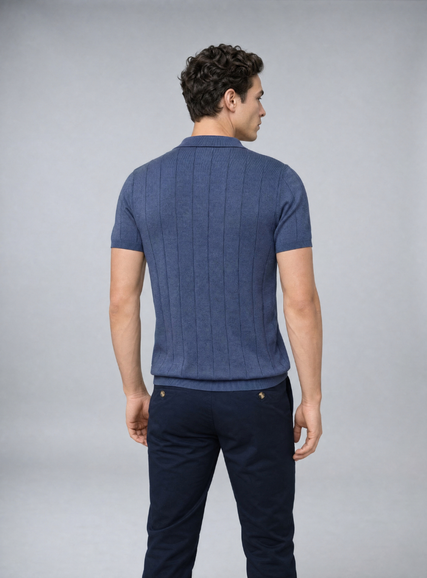 Polo Ajusté Col Boutonné Texturé En Maille - Indigo – Image 4
