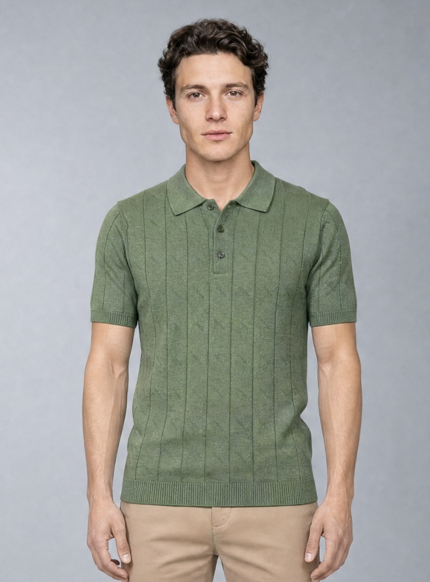 Polo Ajusté Col Boutonné Texturé En Maille - Vert