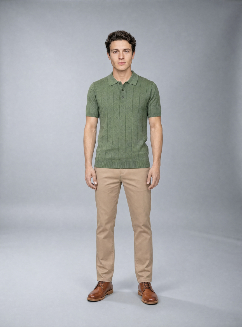 Polo Ajusté Col Boutonné Texturé En Maille - Vert – Image 3