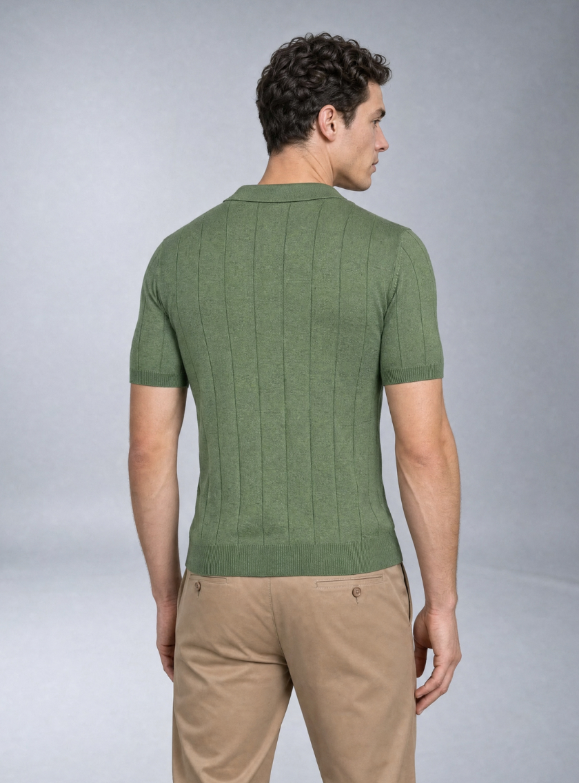 Polo Ajusté Col Boutonné Texturé En Maille - Vert – Image 4