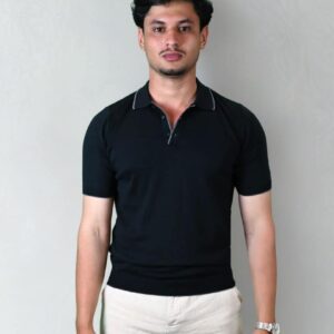 Polo Ajusté Col Boutonné En Maille Uni - Noir