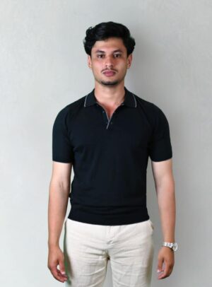 Polo Ajusté Col Boutonné En Maille Uni - Noir