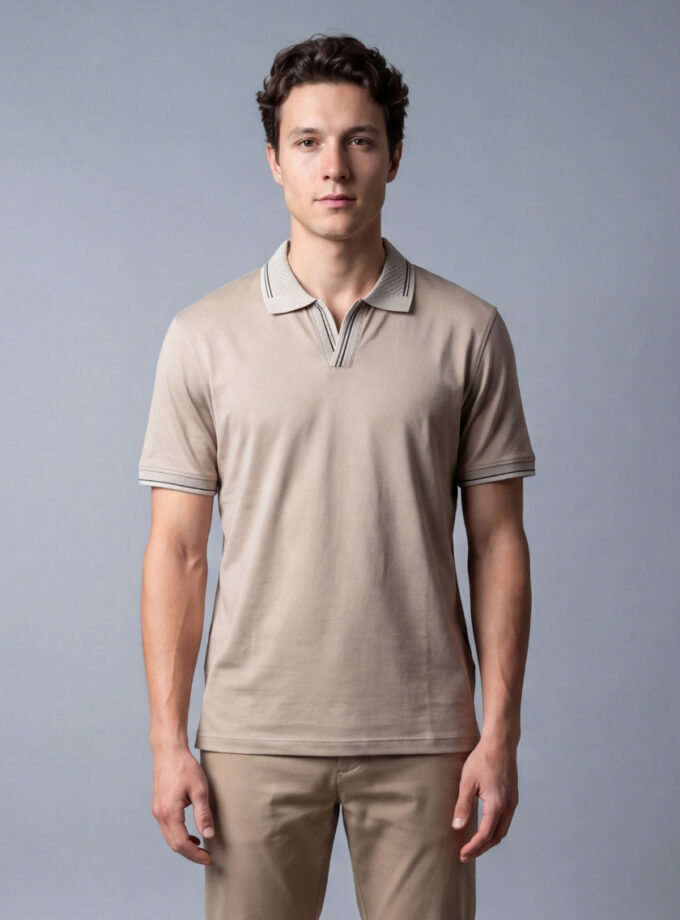 Polo Ajusté À Col Ouvert En Coton - Beige