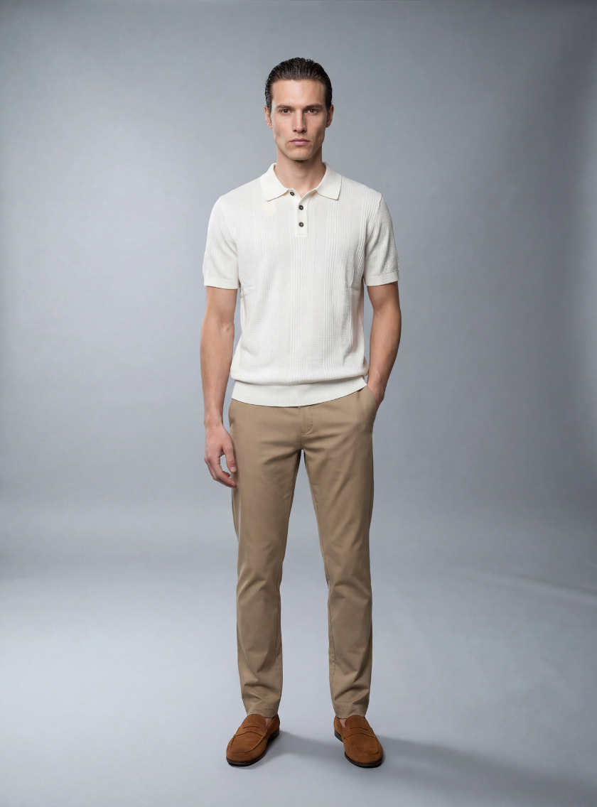 Polo Ajusté à Col Boutonné en Maille Texturé - Ecru – Image 2