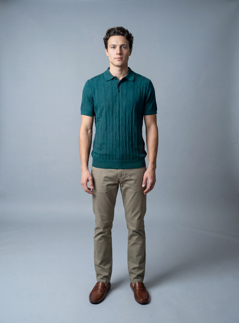 Polo Ajusté à Motif Texturé en Maille - Vert Petrole – Image 2