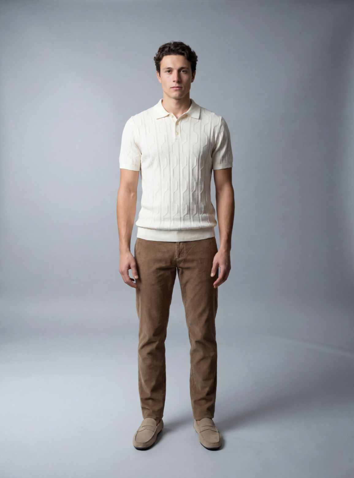 Polo Ajusté à Motif Texturé en Maille - Ecru – Image 2